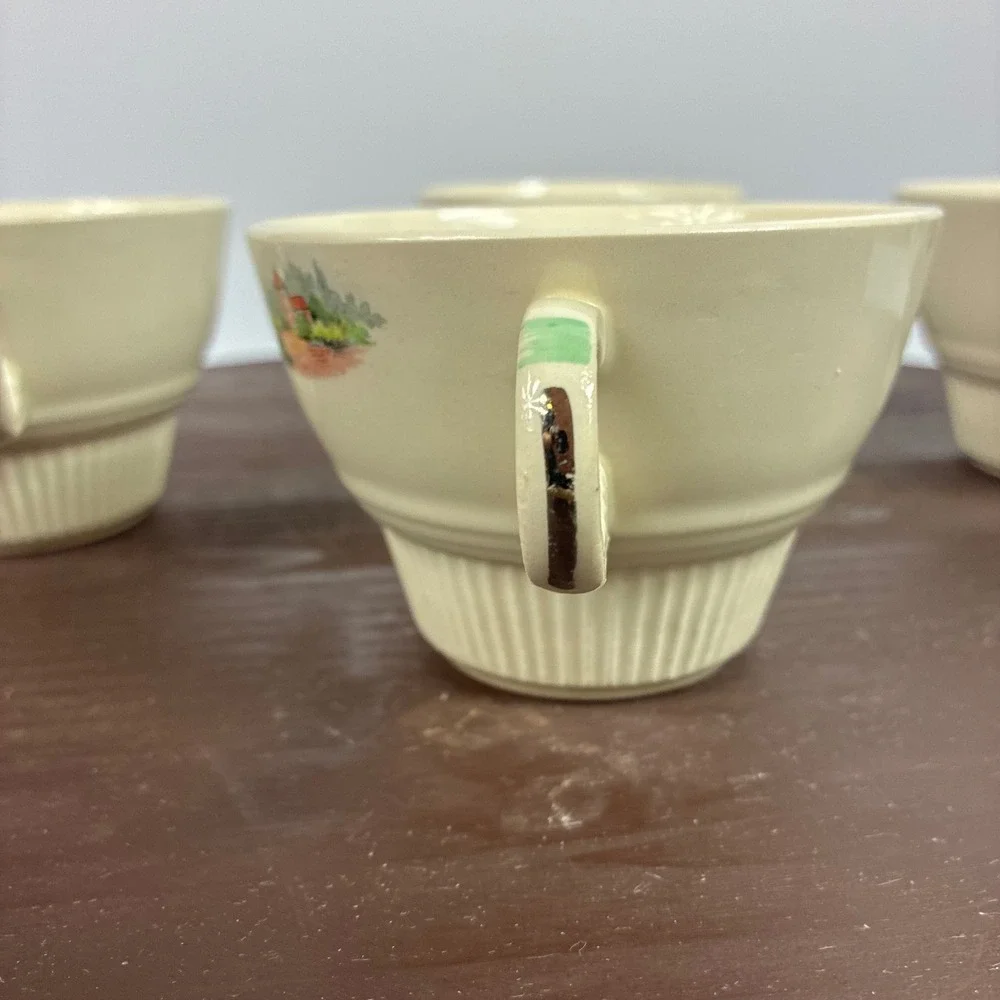 Vintage Salem China Godey Prints Demitasse Teacups Victory Ribbed Shape Set of 4